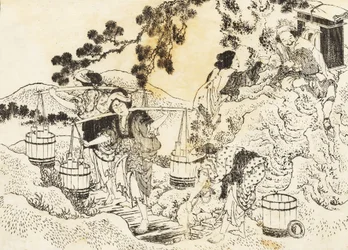Four women working very hard and carrying vats of water